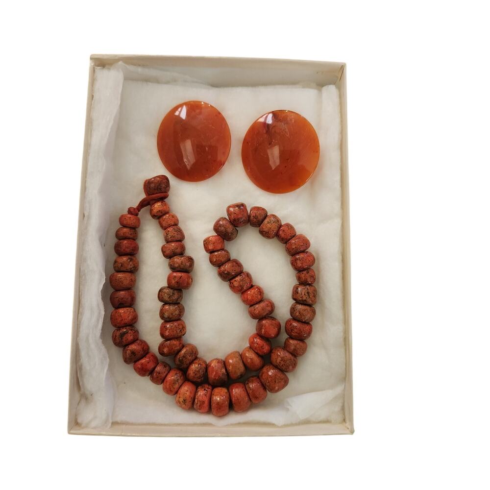 Boho Wooden Beaded Necklace & Orange Acrylic Clip On Earrings Retro Jewelry set